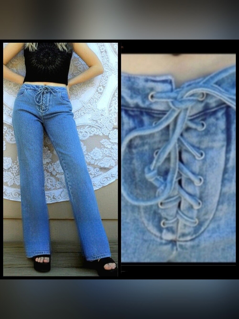 Vtg 90s Y2K Newport News jeanology acid wash lace up corset boho flared jeans 8